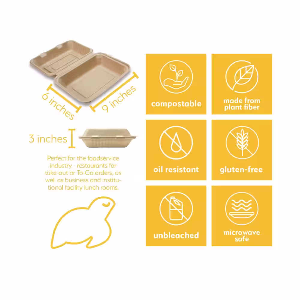 None 100% Compostable Disposable Food Containers with Lids (9 in. x 6 in. , 250 pack)