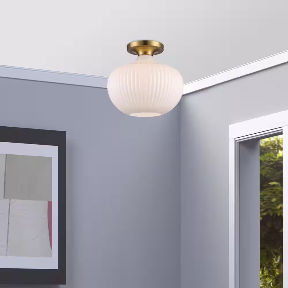 Bel Air Lighting Aristo 12 in. 1-Light Antique Gold Semi-Flush Mount Ceiling Light Fixture with White Ribbed Glass Shade