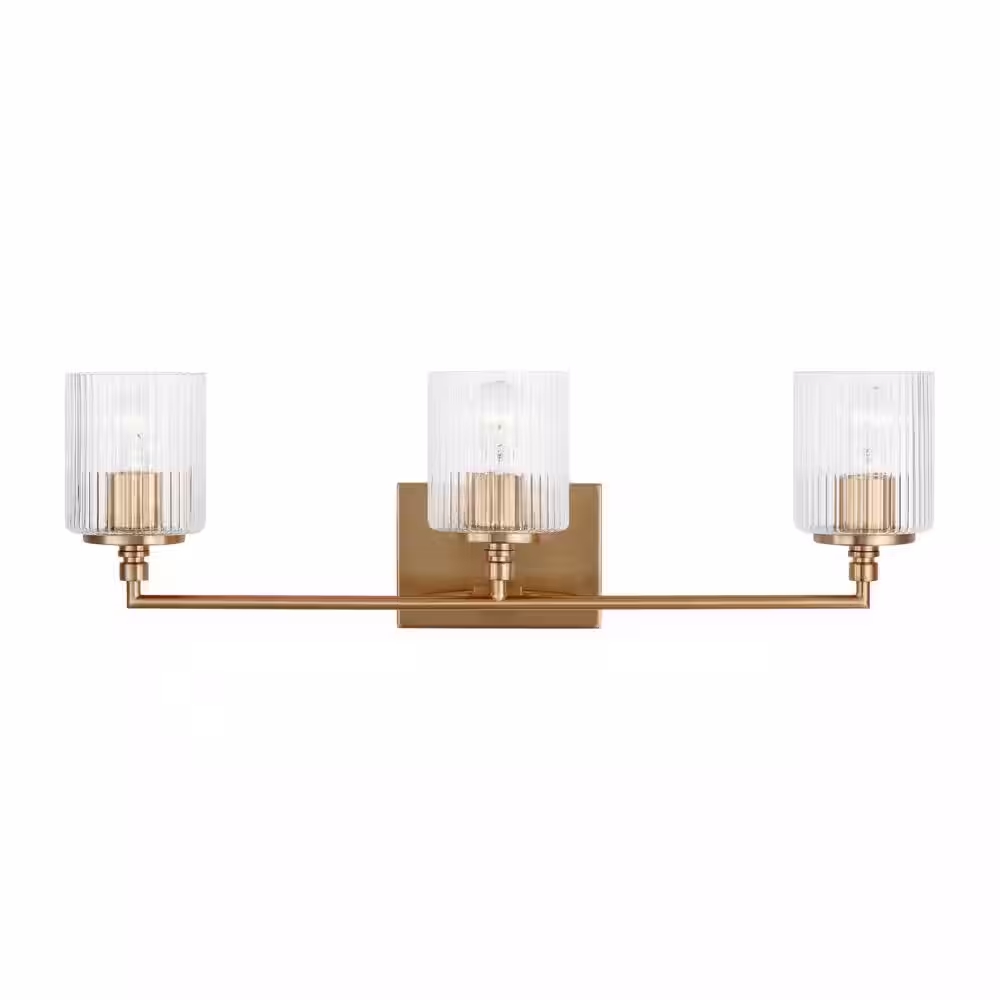 Generation Lighting Beaumont 22.6 in. 3-Light Satin Brass Bathroom Vanity Light with Clear Fluted Glass Shades