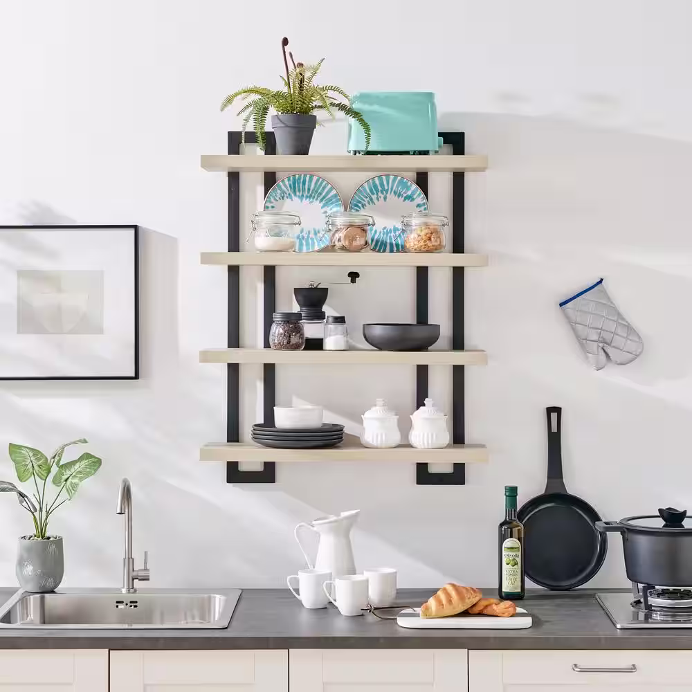DANYA B 28.4 in. W x 7.6 in. D X 36 in. 4-Tier Floating Bracket Decorative Wall Shelf - Black Metal and White Birch Finish