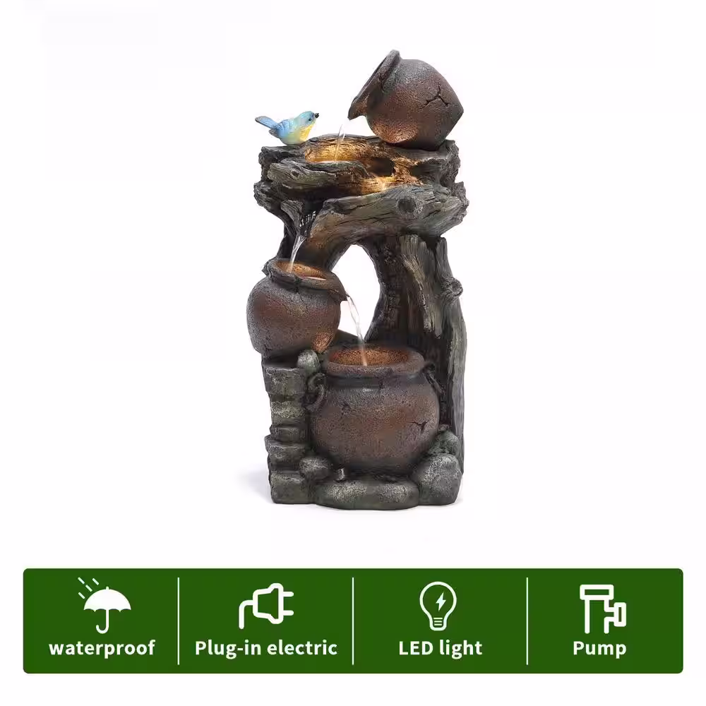 None Rustic Pots and Pitchers on Tree Outdoor Polyresin Cascade Fountain with LED Lights
