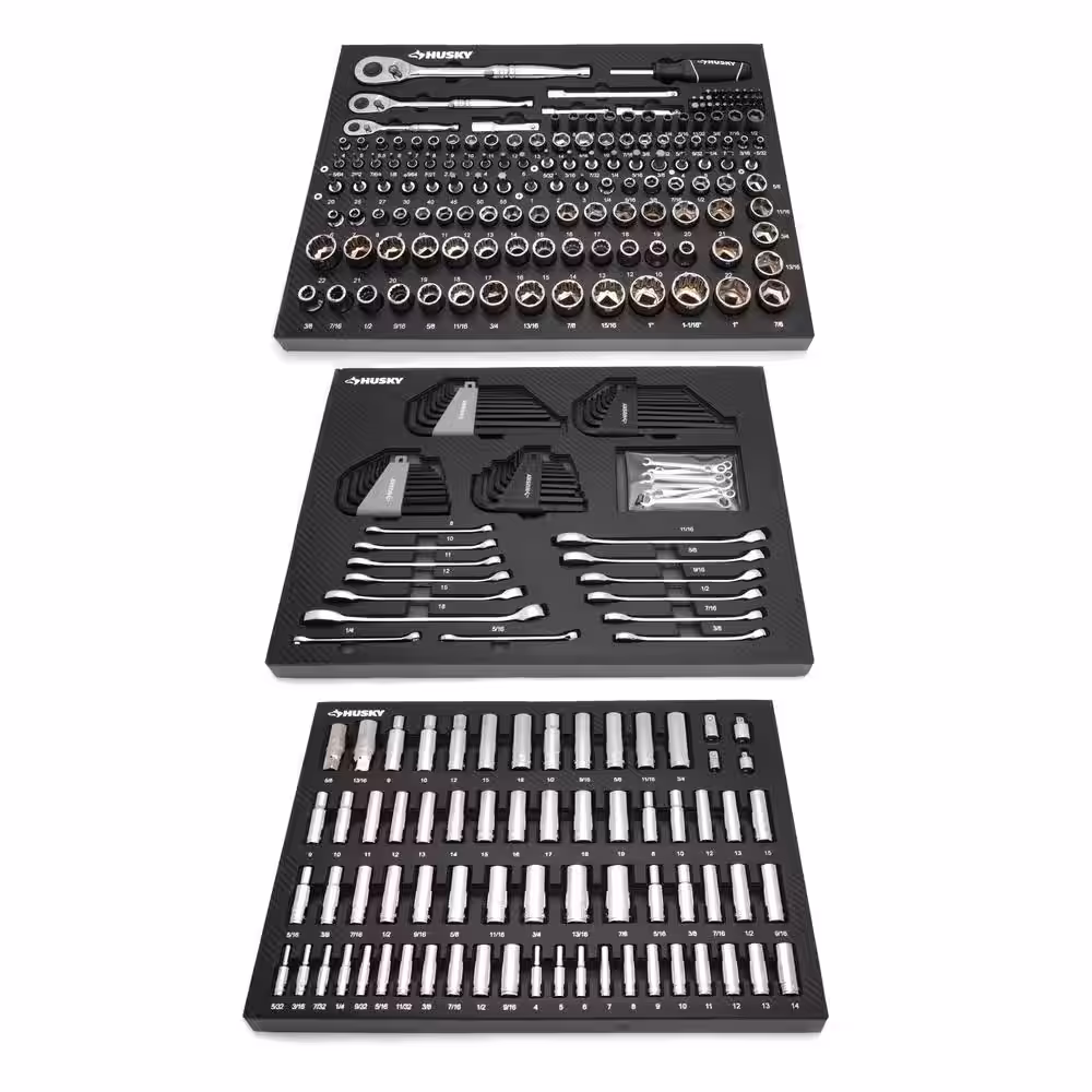 Husky 61 in. W x 23 in D Heavy Duty 15-Drawer Mobile Workbench with Mechanics Tool Set (290-Piece) in EVA in Matte White