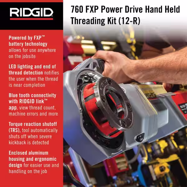 RIDGID 60-Volt FXP Power Drive Compact Handheld Heavy-Duty Pipe Threading Machine for 12-R Die Heads Tool and Support Arm Only