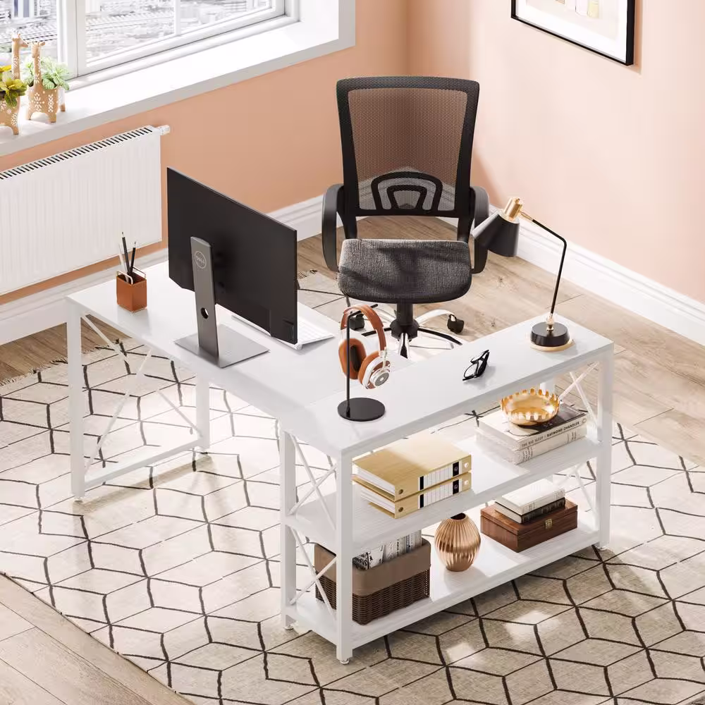 None Halseey 52.8 in. Reversible L-Shaped Desk White Wood Corner Computer Desk with Storage Shelves for Home Office