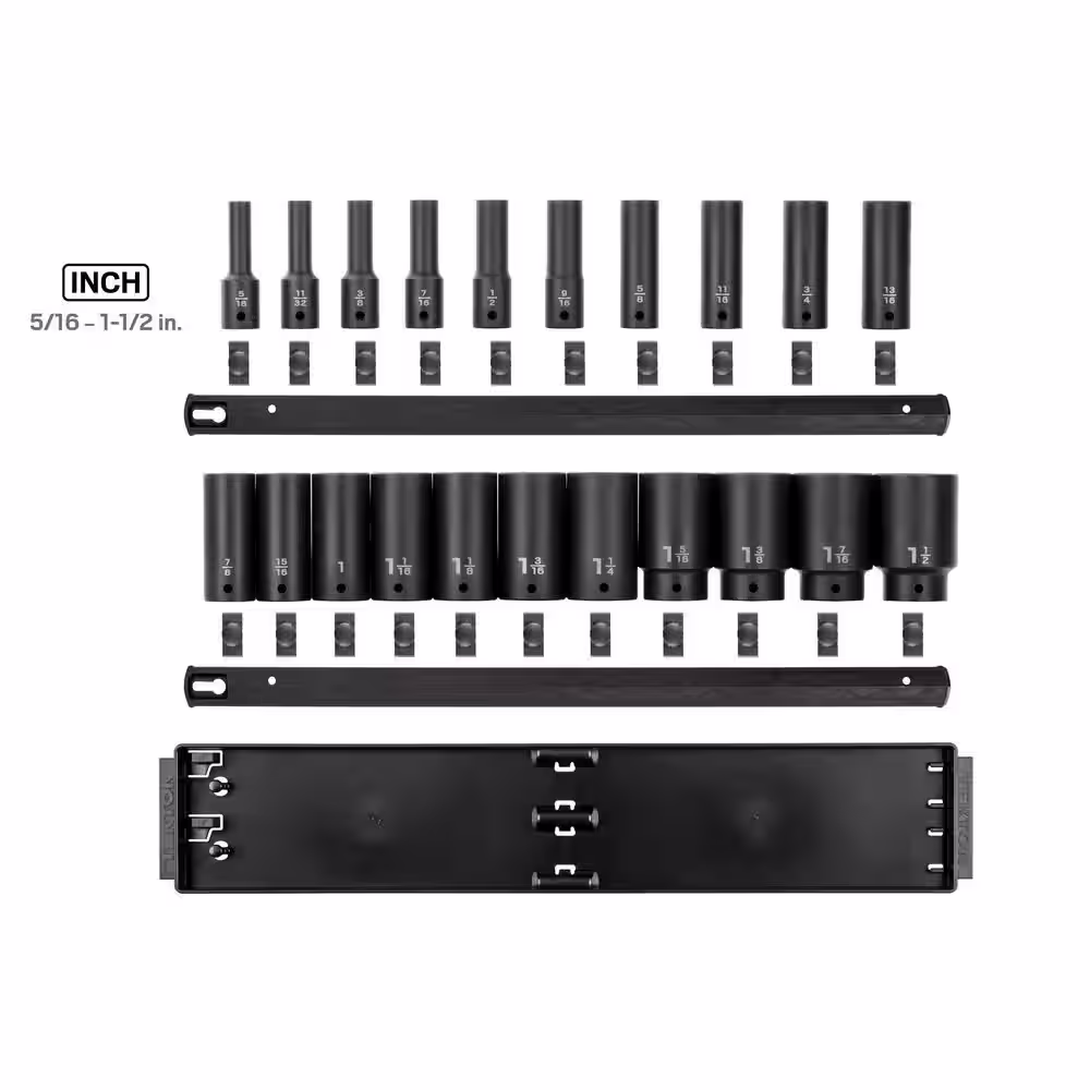 TEKTON 1/2 in. Drive Deep 6-Point Impact Socket Set, (21-Piece) (5/16 - 1-1/2 in.) with Rails