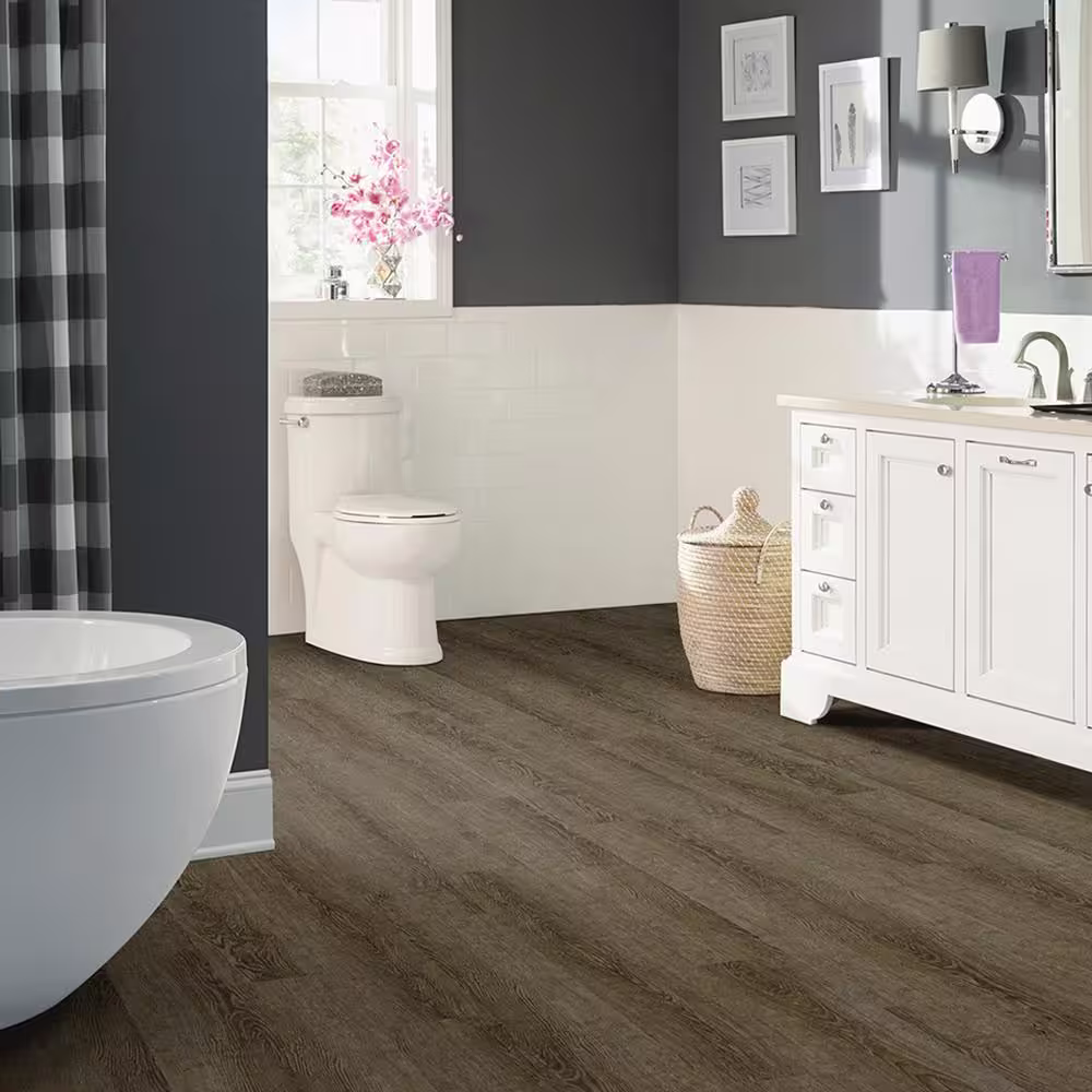 TrafficMaster Grey Ash 4 MIL x 6 in. W x 36 in. L Peel and Stick Water Resistant Vinyl Plank Flooring (36 sqft/case)