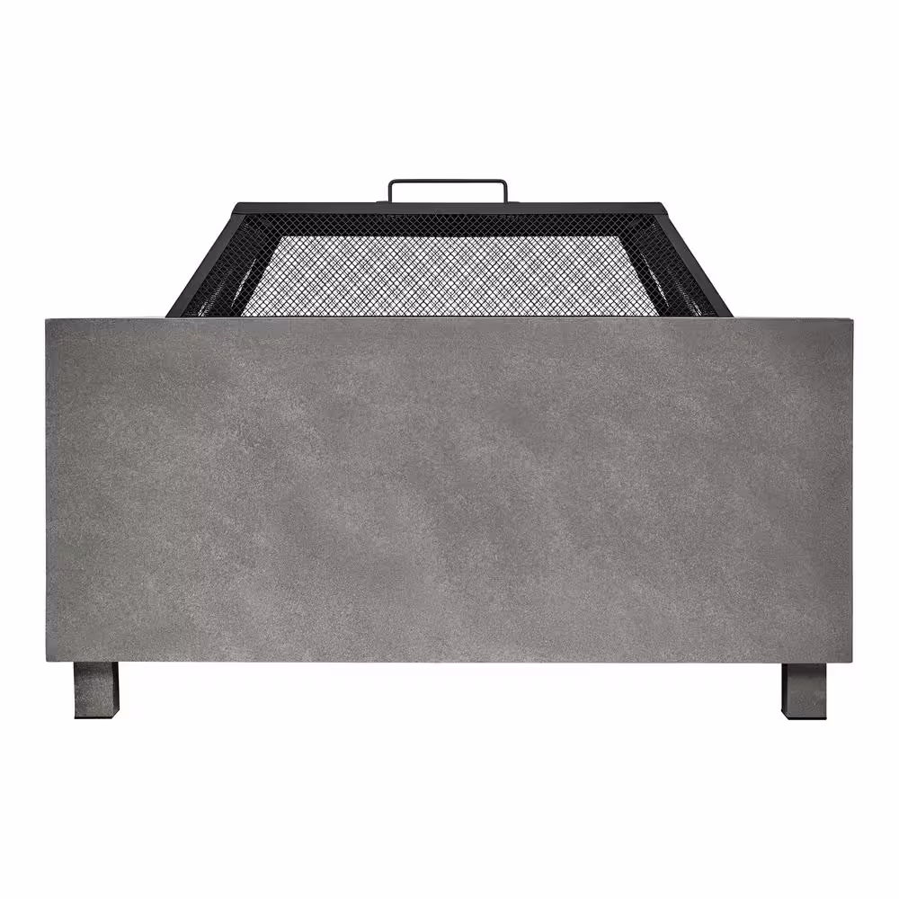 Hampton Bay Nickleby 33 in. Cube Steel Gray Low Smoke Wood Burning Fire Pit with Stainless Steel Bowl and Concrete Tile Top