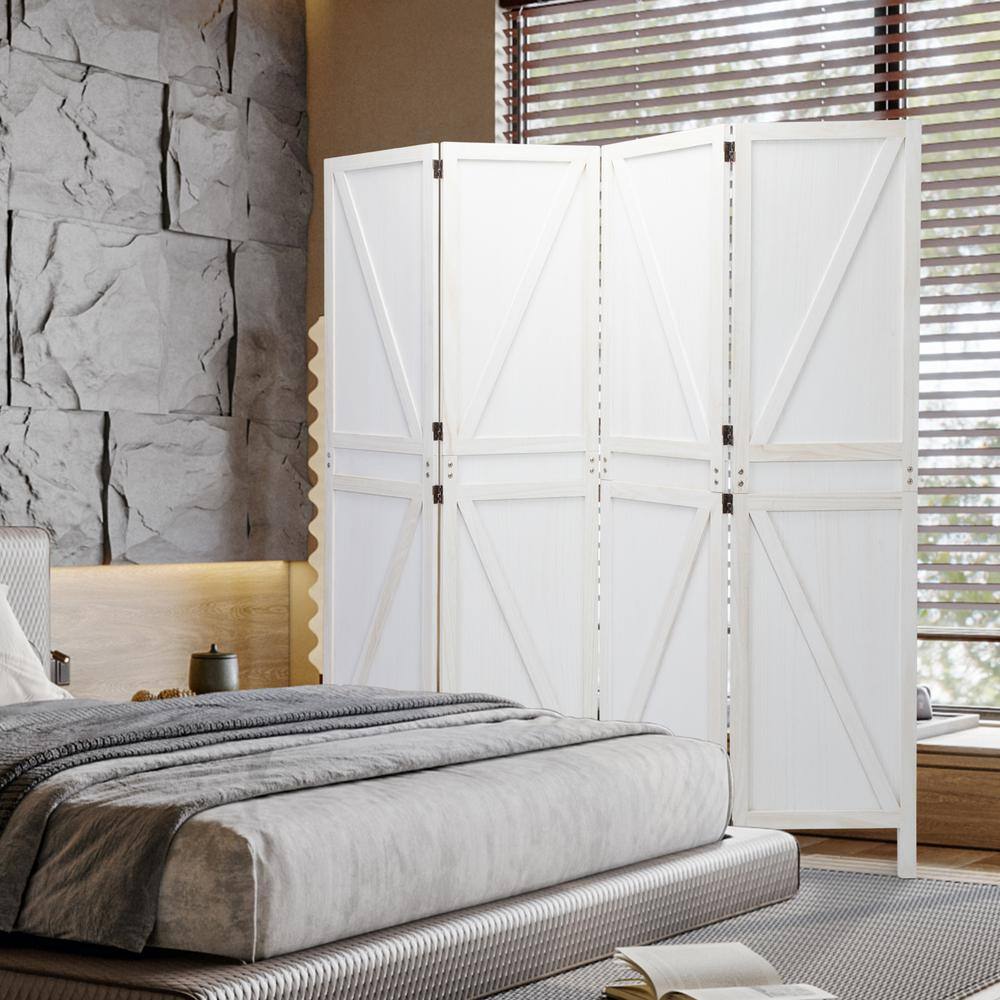 None 4-Panel White Wood Room Divider, Folding Privacy Screen Partial Partition for Room Division