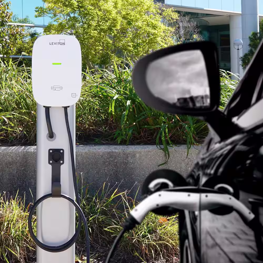 Leviton Level 2 Electric Vehicle Charging Station, 48 Amp, 208/240 VAC 11.6 kW Output, 18 ft. Charging Cable, Hardwired in White