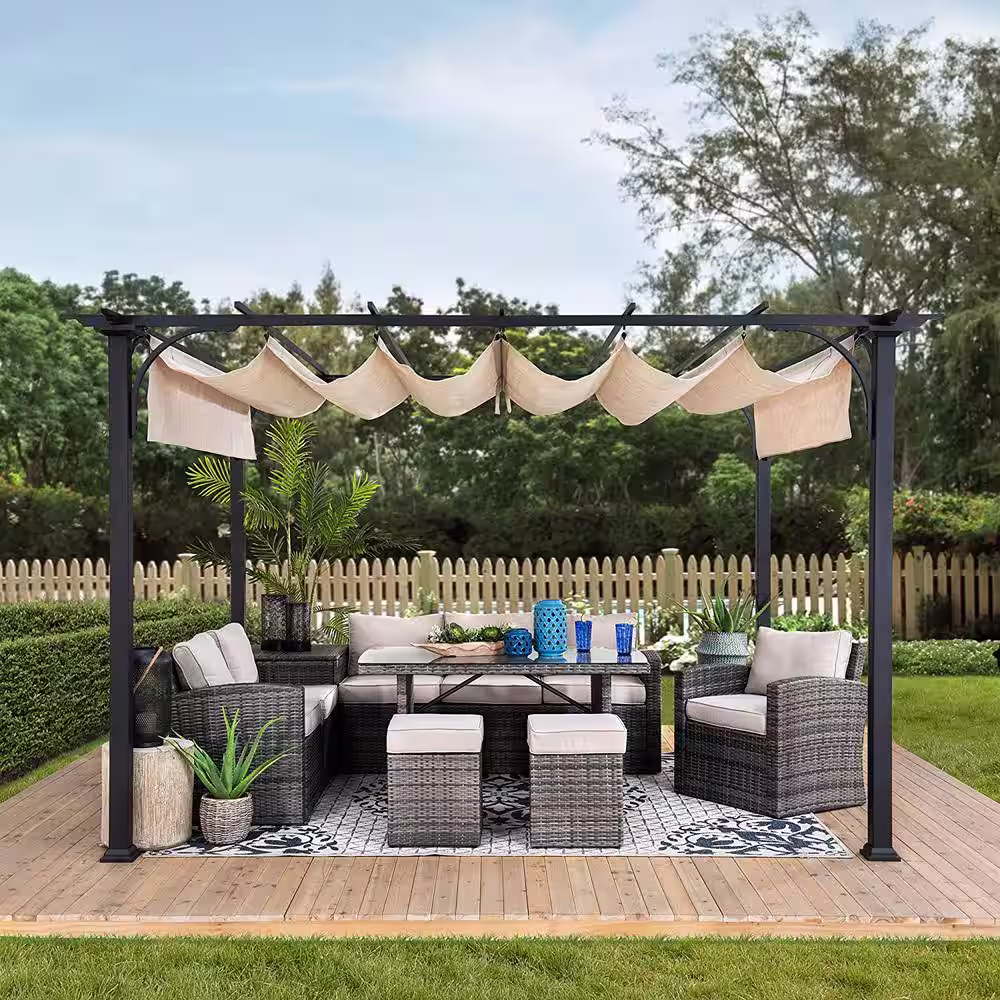 Sunjoy Lydia 12 ft. x 9 ft. Black Steel Classic Pergola with Adjustable Beige Shade