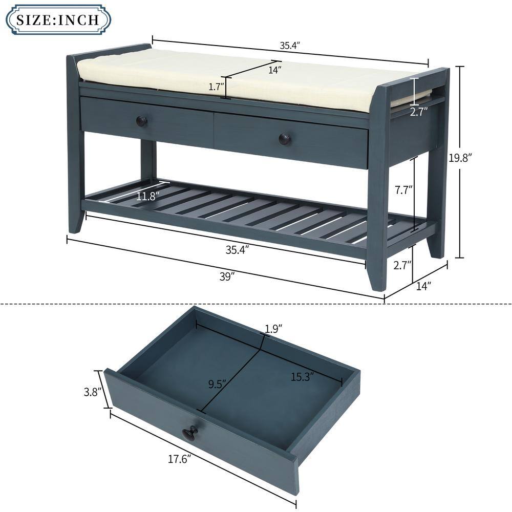 None 19.8 in. H x 39 in. W x 14 in. D Entryway Antique Navy Wood Shoe Storage Bench with Seat Cushion, Drawers and Shoe Rack