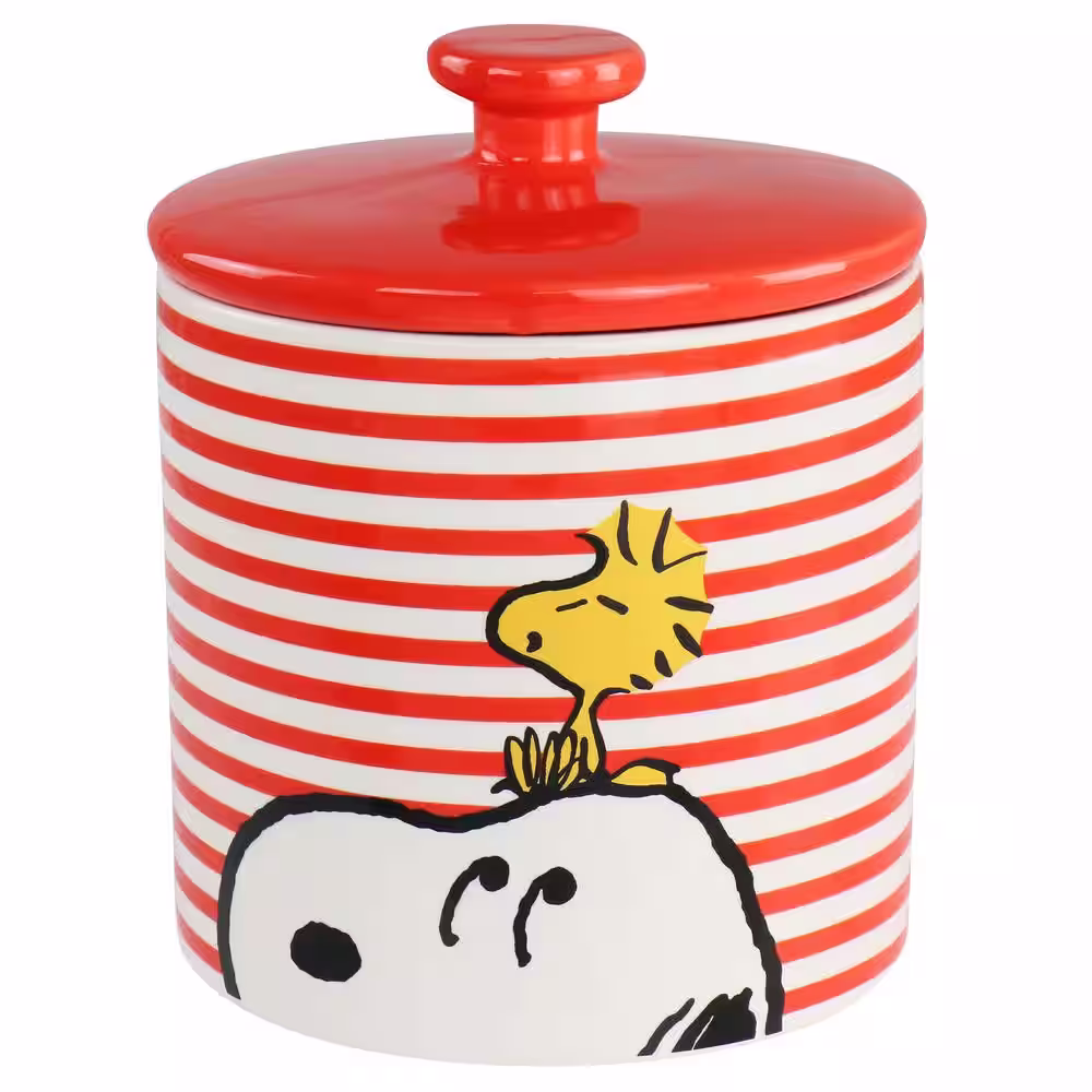 Peanuts Snoopy and Woodstock 6.5 in. x 5.5 in. Durastone Striped Cookie Jar in Red