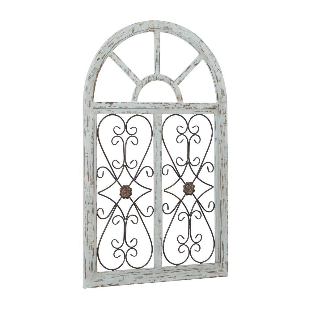 Litton Lane Wood White Arched Window Inspired Scroll Wall Decor with Metal Scrollwork Relief