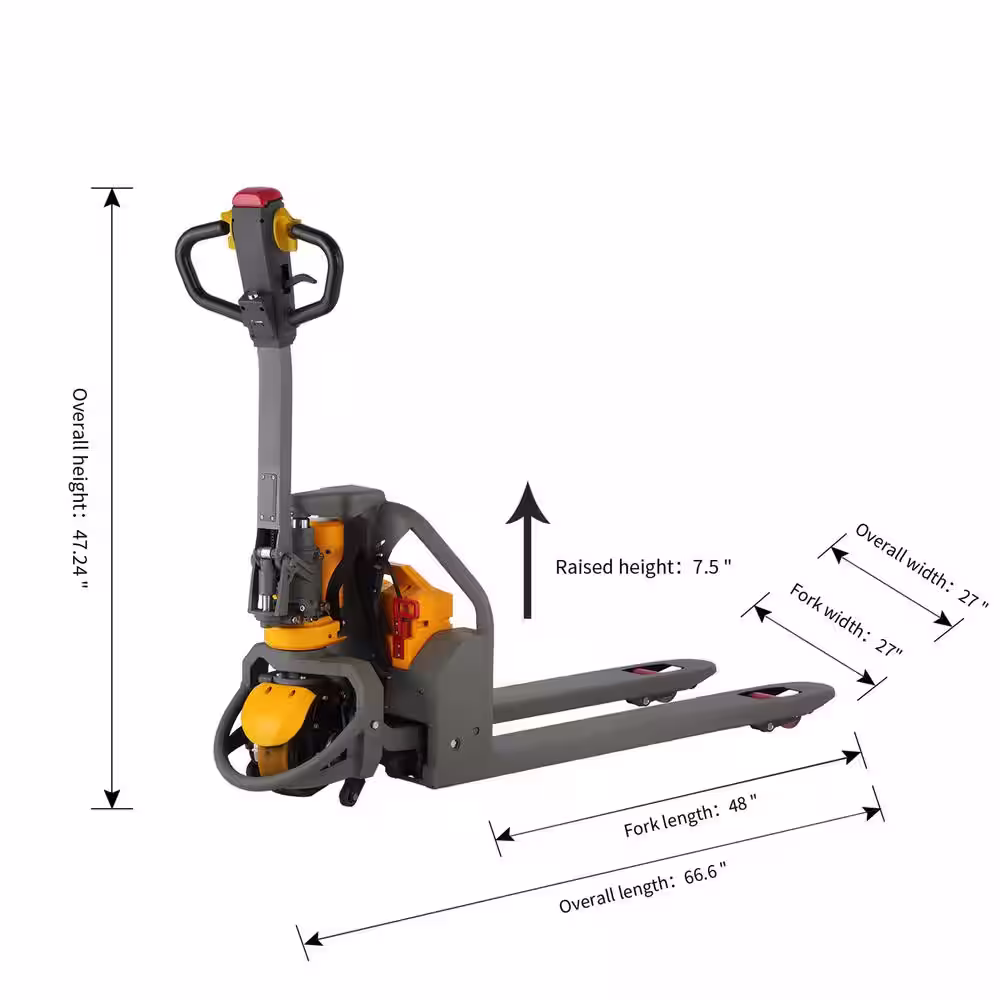 None 3300 lbs. 48V/20AH Li-Ion Powered Pallet Jack Electric Walkie Pallet Truck w/48 in. x 27 in. Fork Size 3.1 in. Lowered