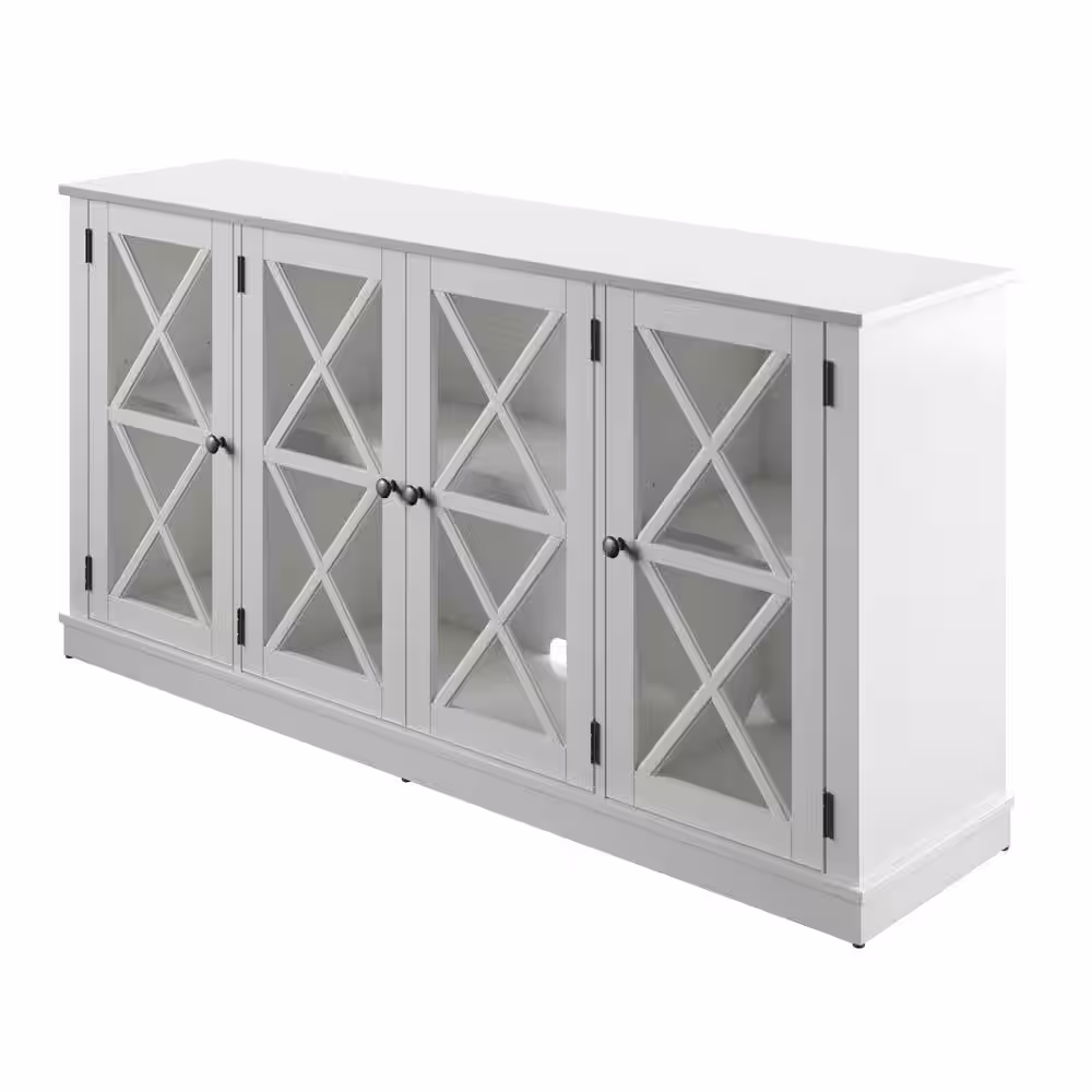 Twin Star Home White 64 in. Sideboard with Tempered Glass Doors