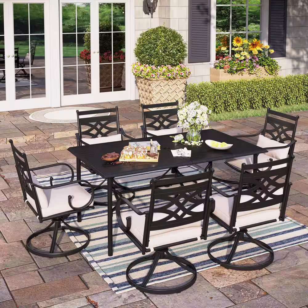 None 7-Piece Metal Outdoor Dining Set with Slat Table-top and Cast Iron Pattern Swivel Chairs with Beige Cushions