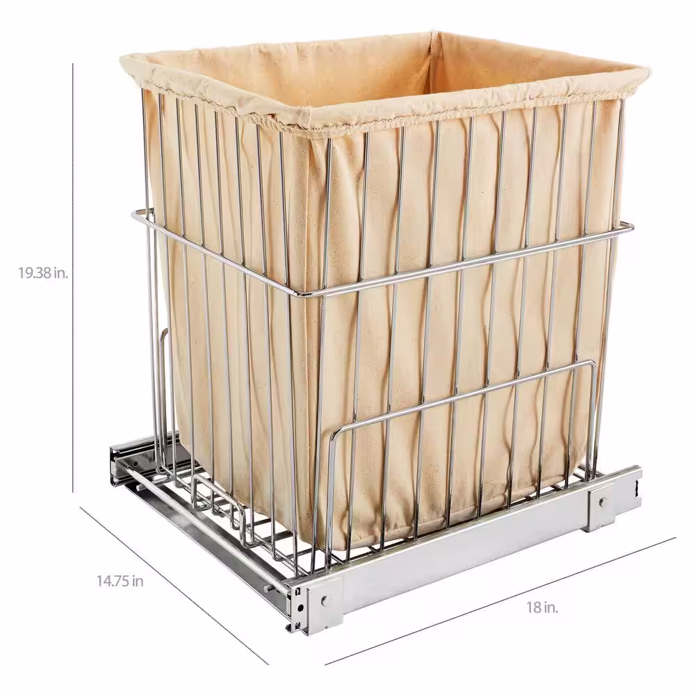 Rev-A-Shelf Chrome Metal Pullout Wire Clothes Hamper Basket with Liner and Mounting Hardware
