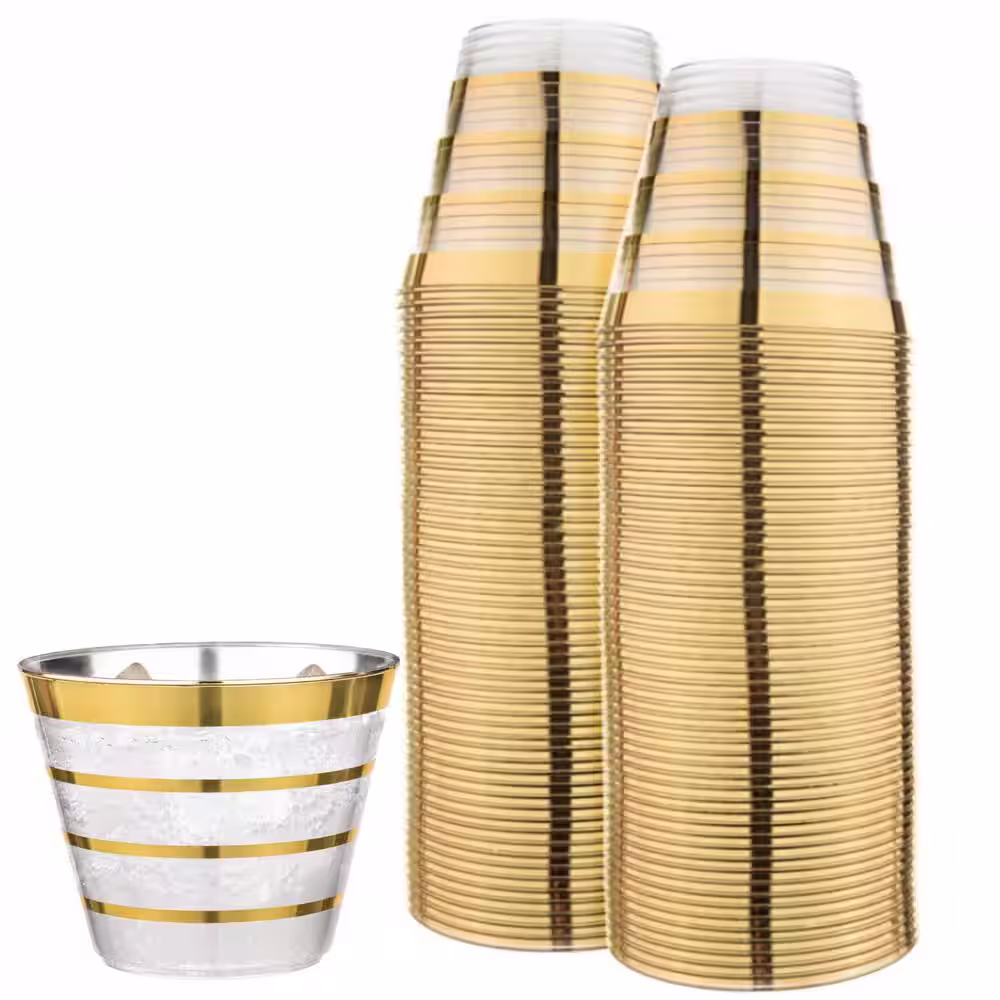 None 9 oz. 4 Line Gold Rim Clear Disposable Plastic Cups, Party, Cold Drinks, (110/Pack)