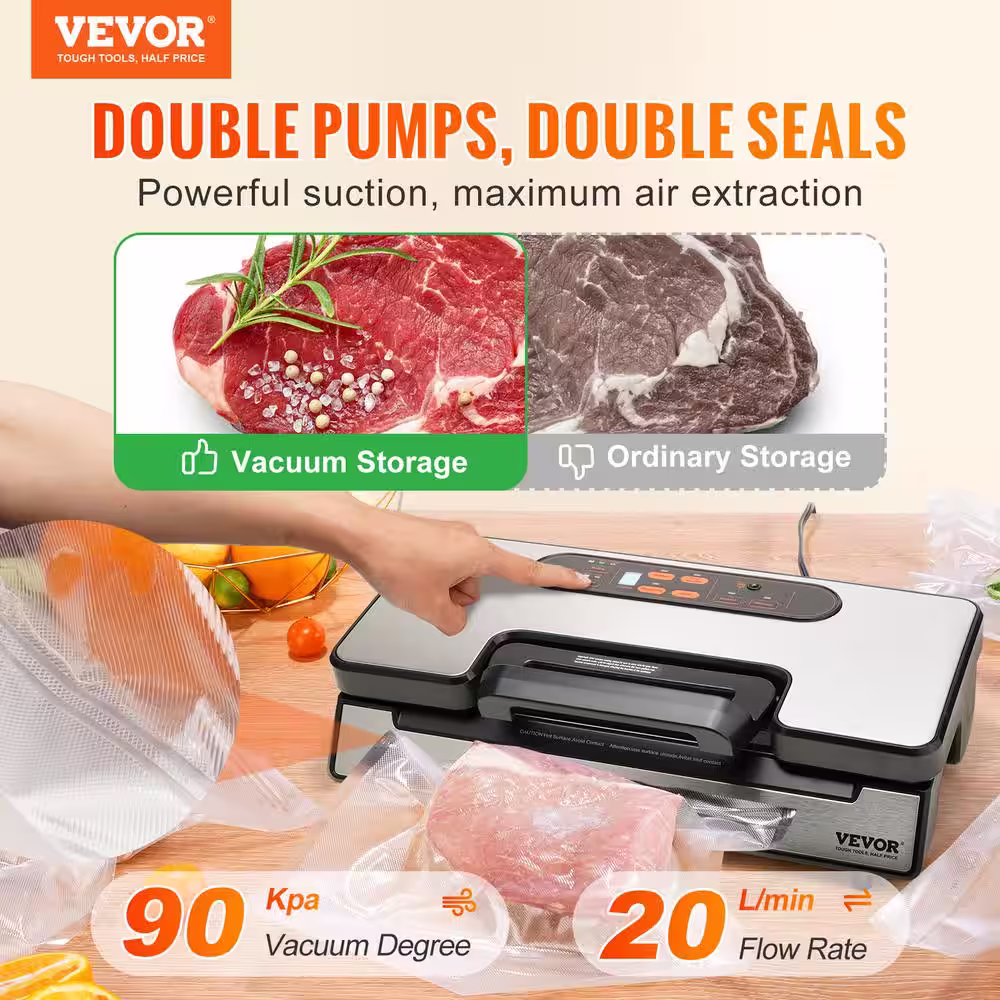 VEVOR Vacuum Sealer Machine 90 Kpa 130-Watt Powerful Dual Pump and Dual Sealing Dry and Moist Food Vacuum Sealer, Silver