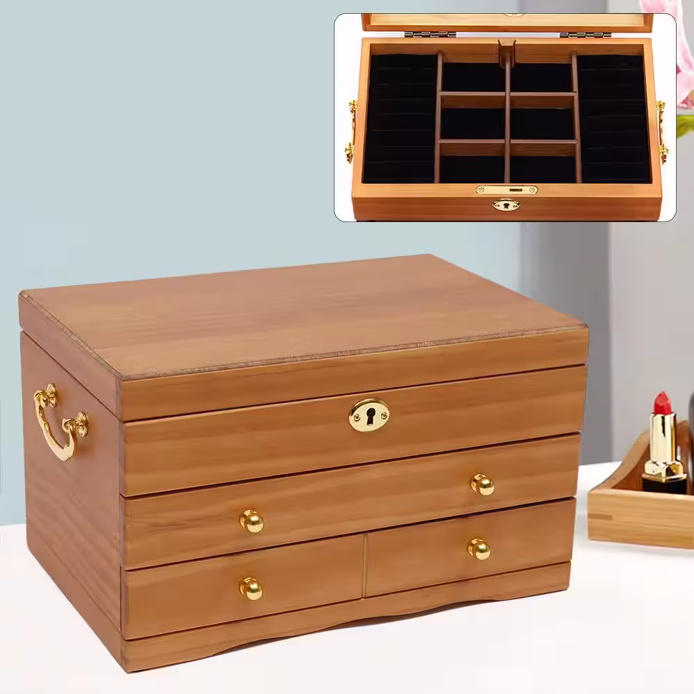YIYIBYUS 3 Layers Retro Wooden Jewelry Box with Mirror and Lock
