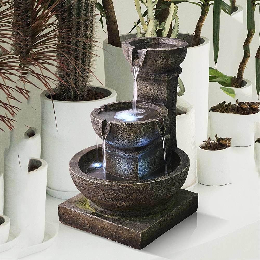 None 16 in. H Outdoor Water Fountain Tiered with LED Light - Modern Curved Indoor/Outdoor Waterfall Fountain