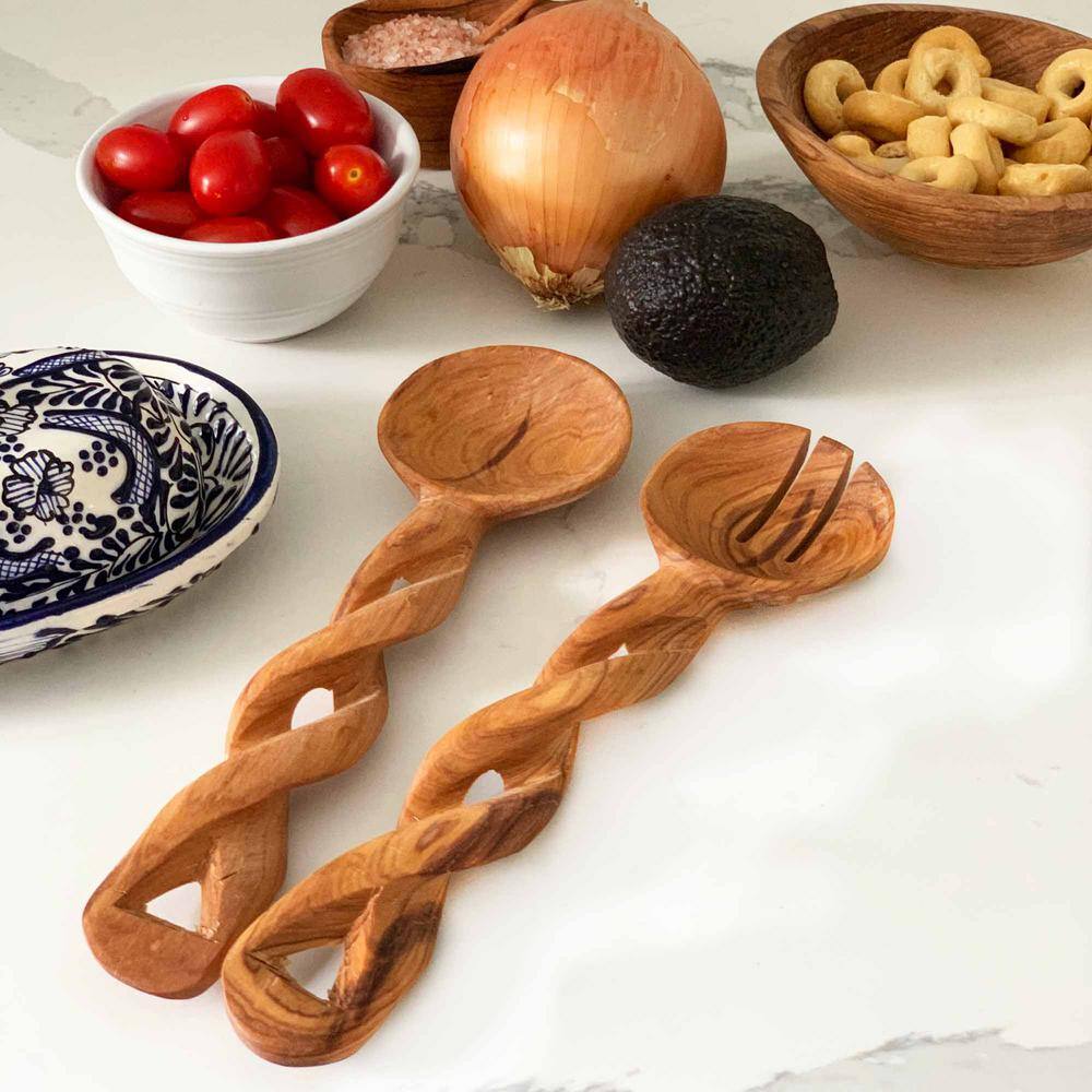 None 2-Pieces Braided Hand-Carved Kenyan Olive Wood Salad Serving Set
