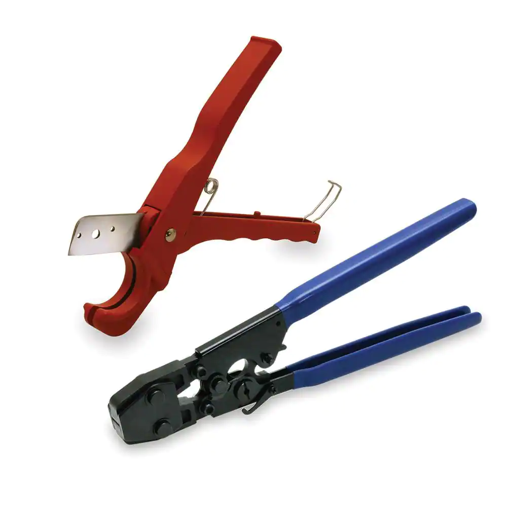 The Plumber's Choice 1/2 in. x 100 ft. PEX Tubing Plumbing Kit - Crimper and Cutter Tools Tubing Elbow in. Half Clamp - 1 Red 1 Blue
