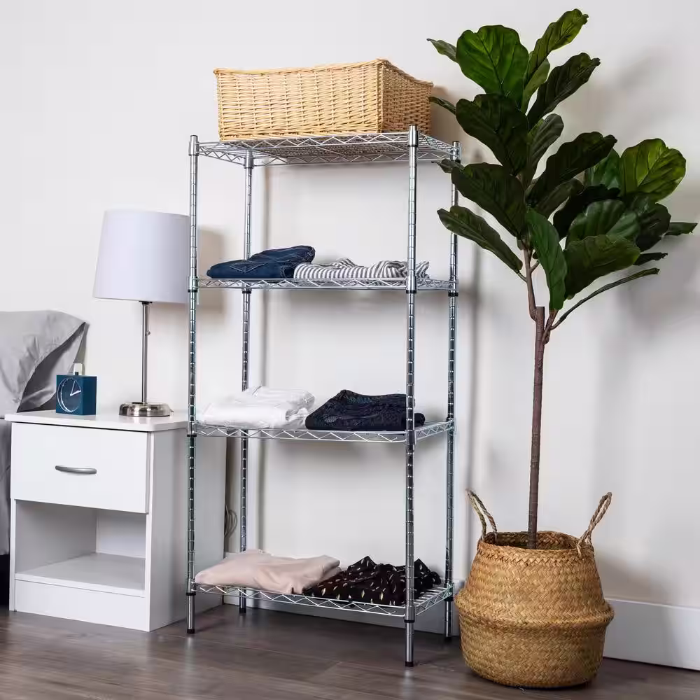 Mind Reader Silver Alloy Collection, Adjustable, 4-Tier Industrial Storage Shelves, Metal, 23.5 in. L x 11.75 in. W x 48 in. H
