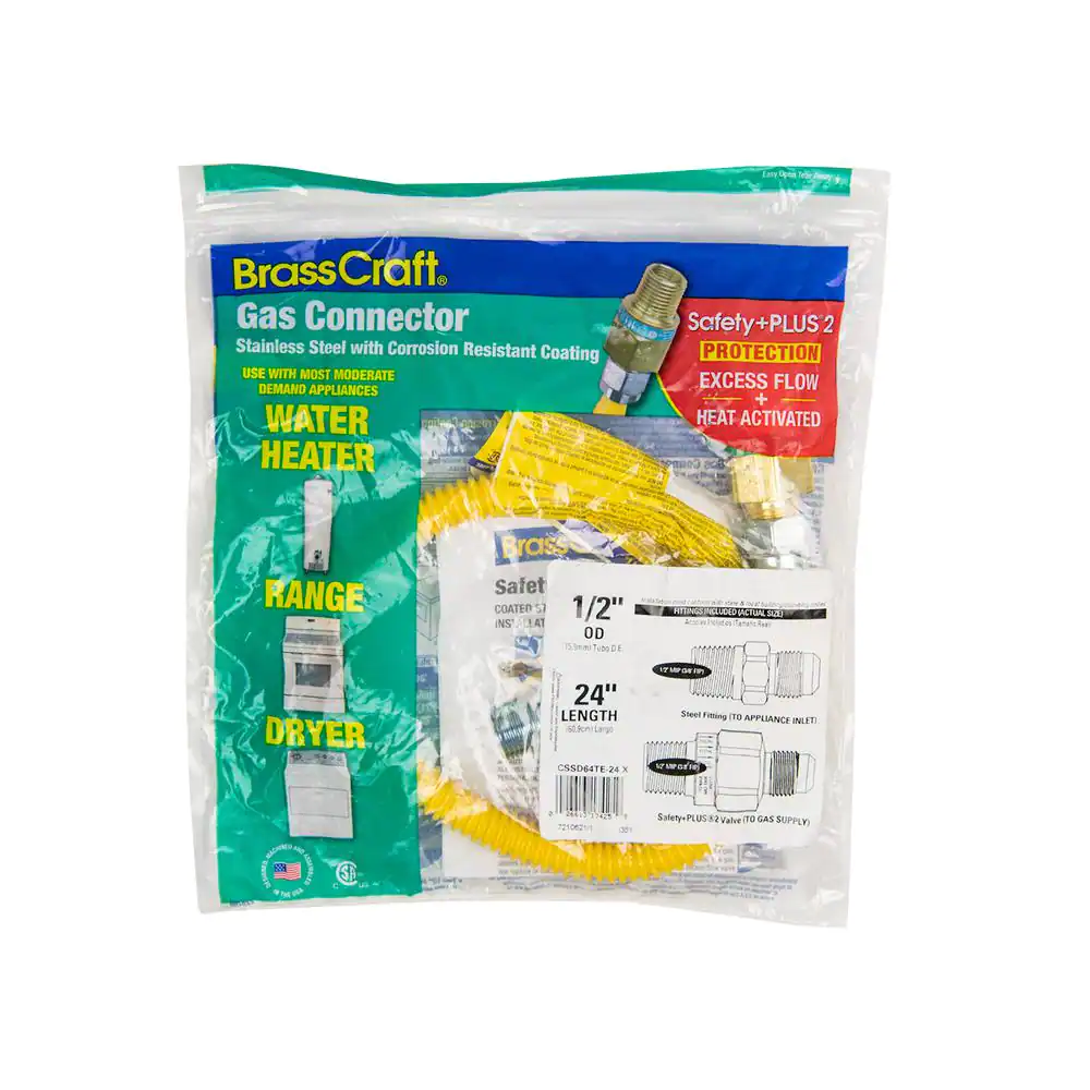 BrassCraft 1/2 in. MIP x 1/2 in. MIP x 24 in. Gas Connector (1/2 in. O.D.) with Safety+Plus2 Thermal Excess Flow Valve (85,000 BTU)