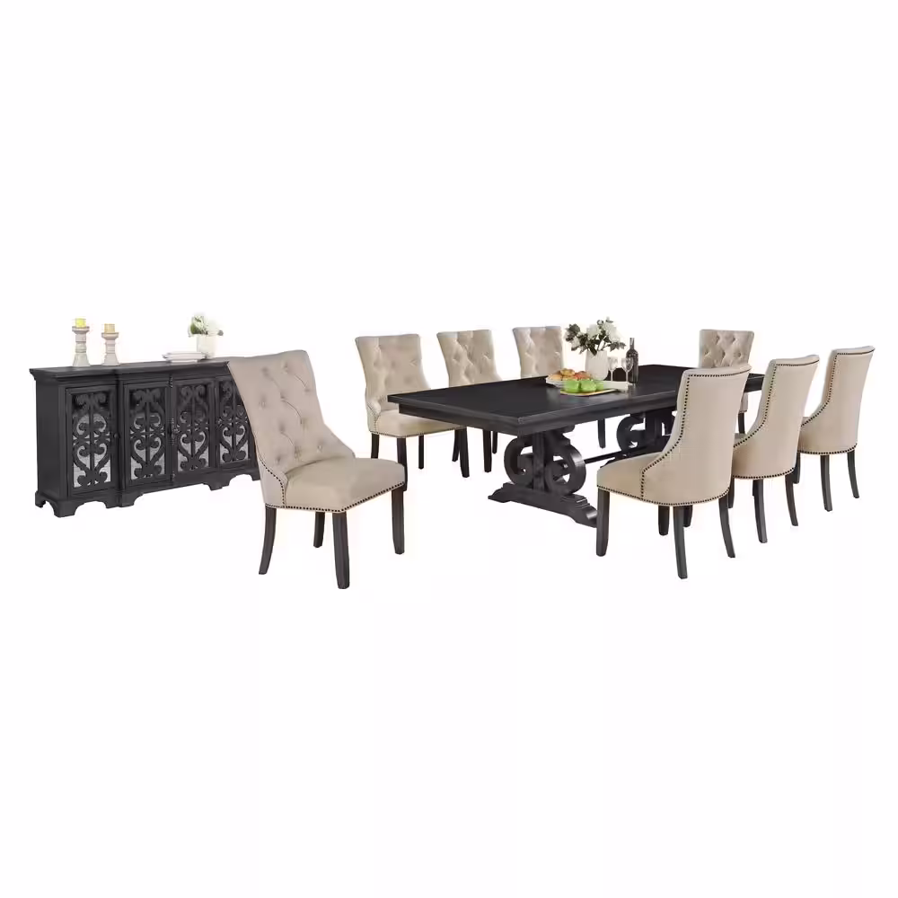 None Jade 10-Piece Rectangle Gray Dining Set with Beige Linen Fabric and Server