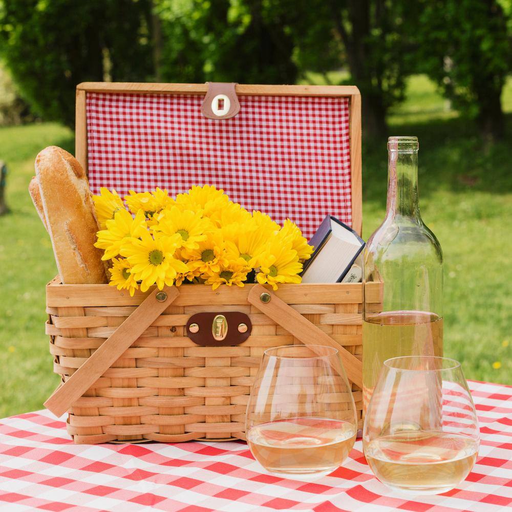 Vintiquewise Gingham Natural Lined Woodchip Picnic Basket with Lid and Movable Handles