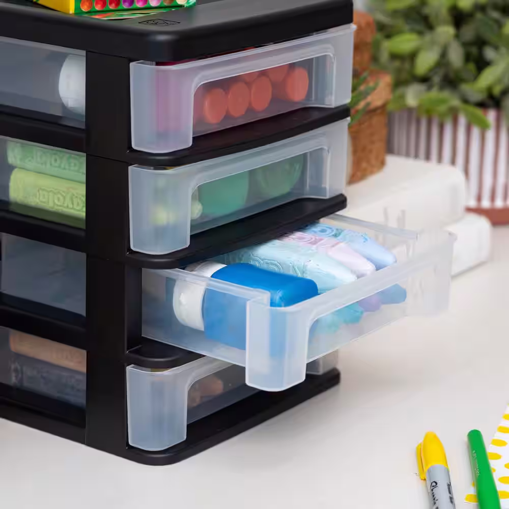 IRIS 7.25 Qt. Compact Desktop 4-Drawer System in Black, Storage Tote
