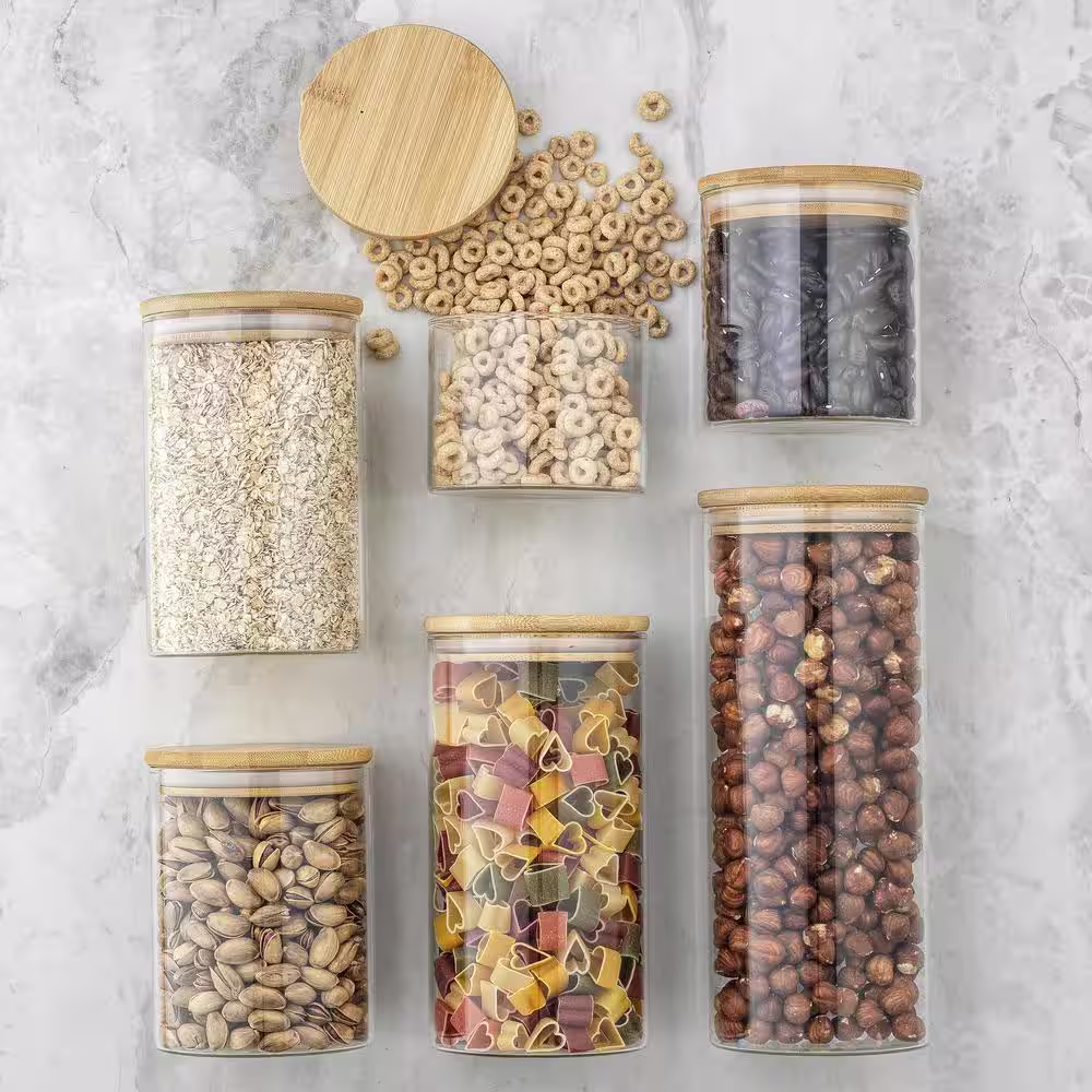 JoyJolt JoyFul 6-Piece Kitchen Storage Jars with Airtight Bamboo Clamp Lids