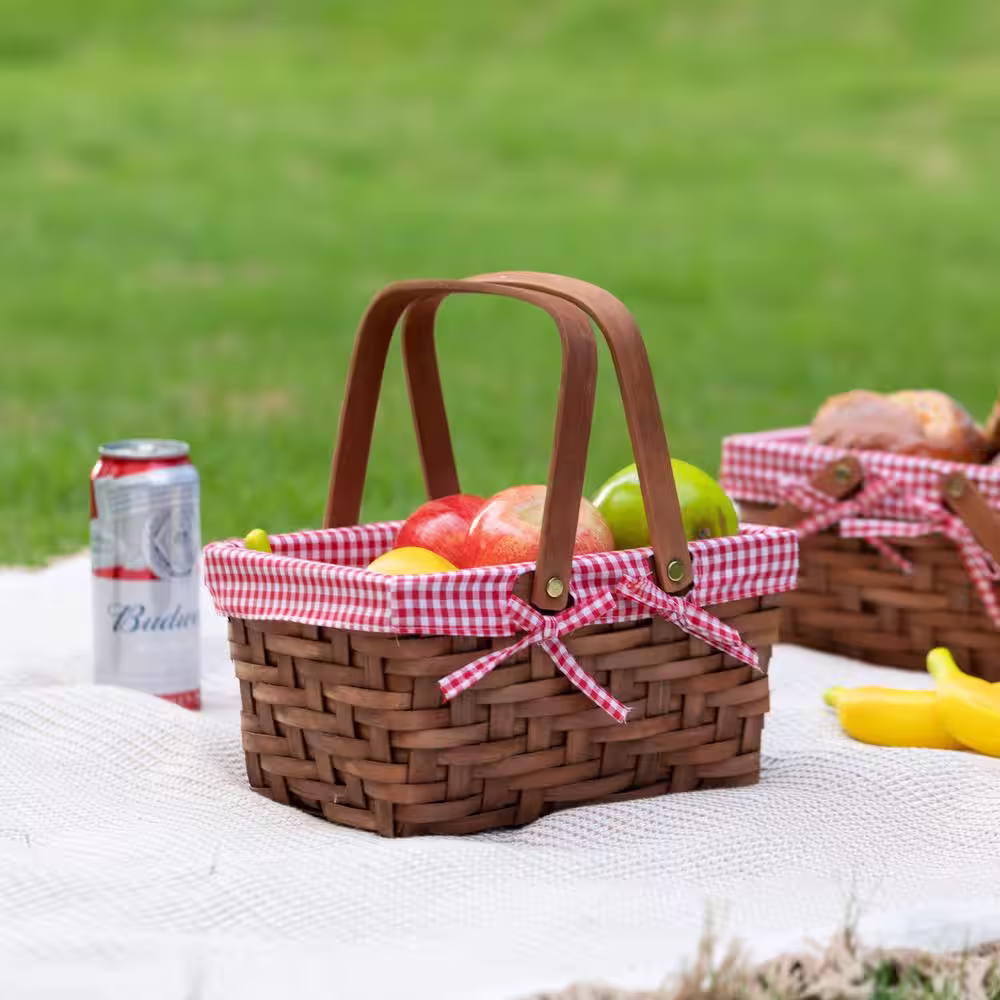 Vintiquewise 10.2 in. W x 7.7 in. D x 5.5 in. H Wooden Small Rectangular Picnic Basket Lined with Gingham Lining