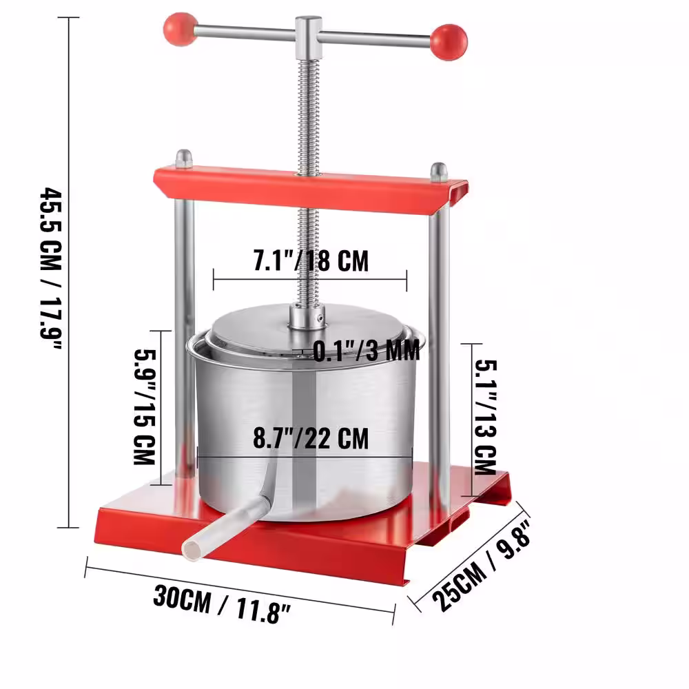 VEVOR 1.45 Gal. Fruit Wine Press 2 Stainless Steel Barrels Wine Press Machine with T-Handle and 0.1 in. Thick Plate, Red