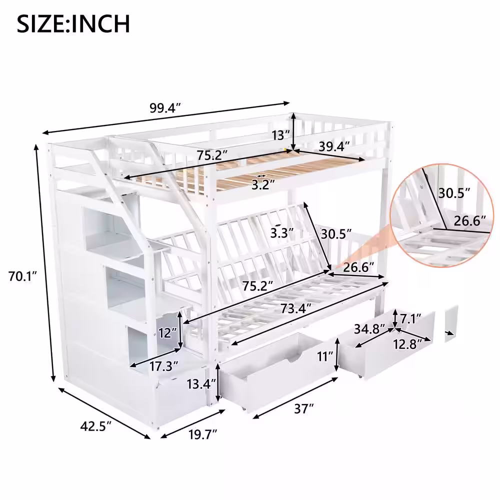 Harper & Bright Designs White Foldable Multifunctional Twin Over Full Bunk Bed with Storage Staircase and 2 Drawers