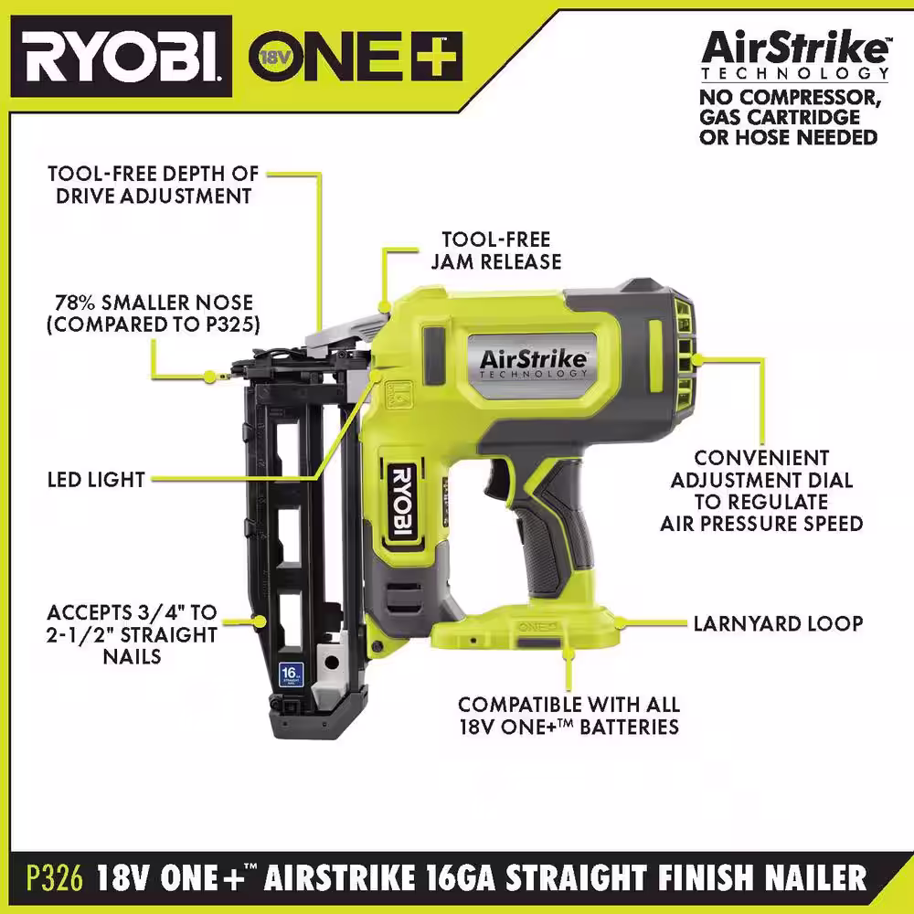 RYOBI ONE+ 18V 16-Gauge Cordless AirStrike Finish Nailer with Cordless Jig Saw (Tools Only)