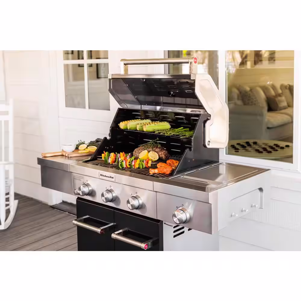 KitchenAid 3-Burner Propane Gas Grill with Searing Side Burner and Silver PDC Side Shelves in Black