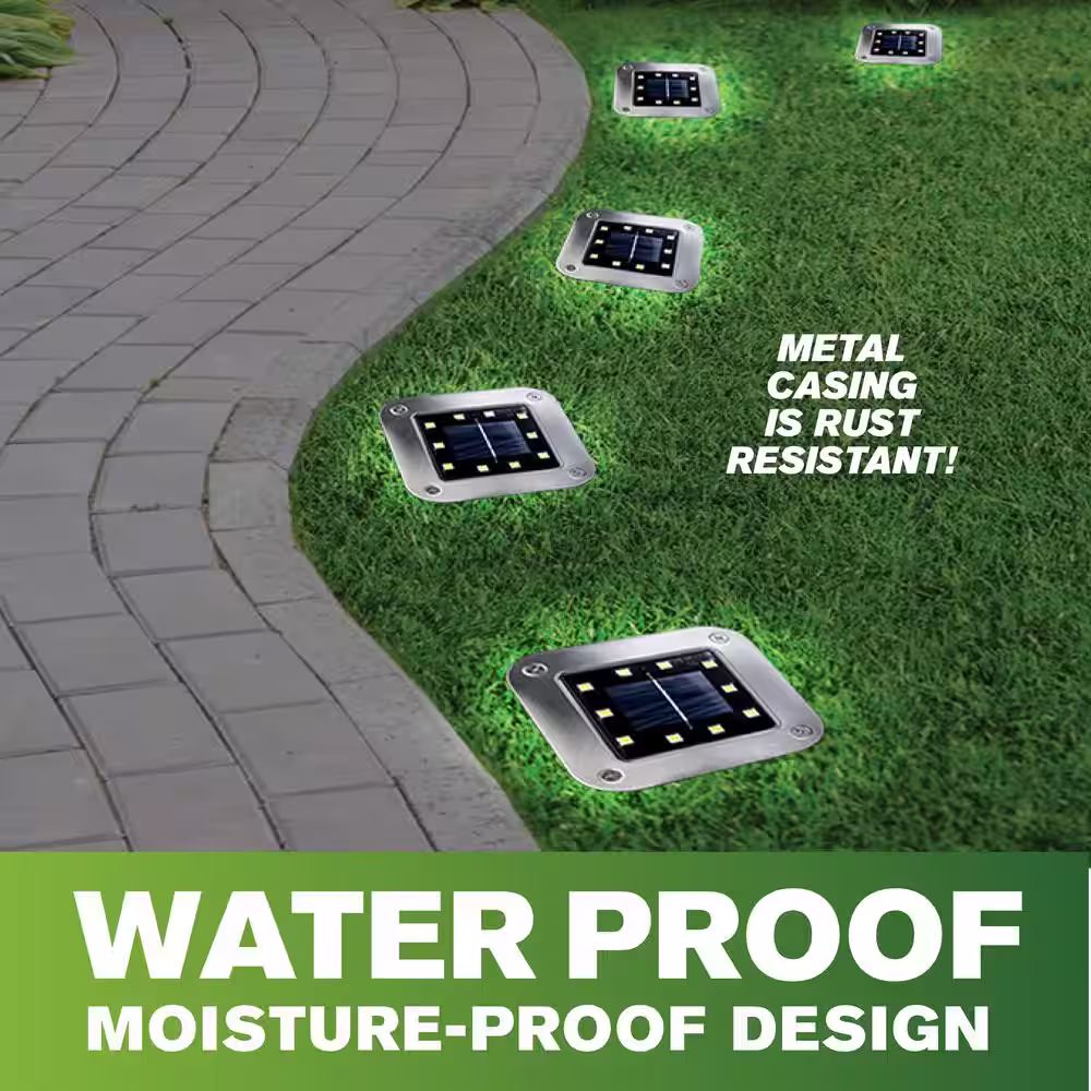 Bell + Howell Solar Powered Stainless Steel Outdoor 8 Integrated LED Super Bright In-Ground Square Disk Path Lights Deluxe (4-Pack)