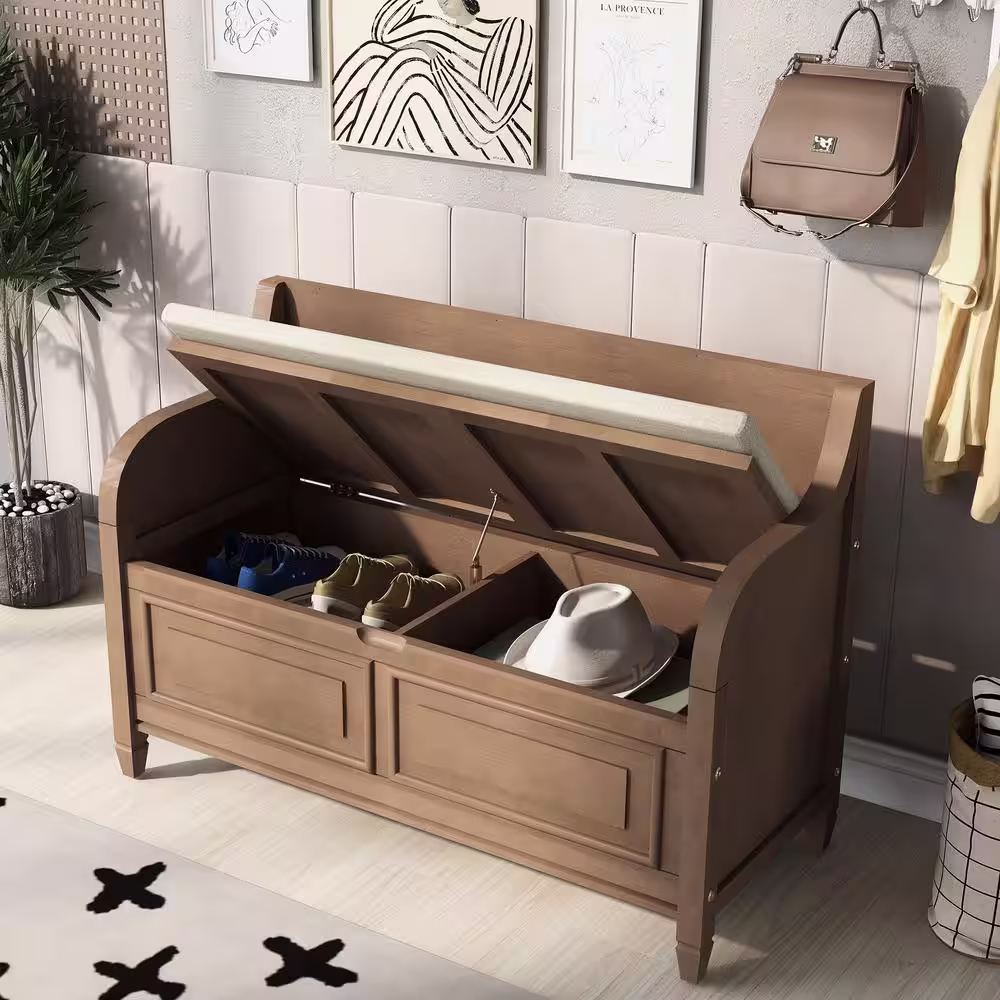 None Rustic Style Wood Entryway Storage Bench Ottoman Brown Dining Bench with Beige Cushion 42 in.