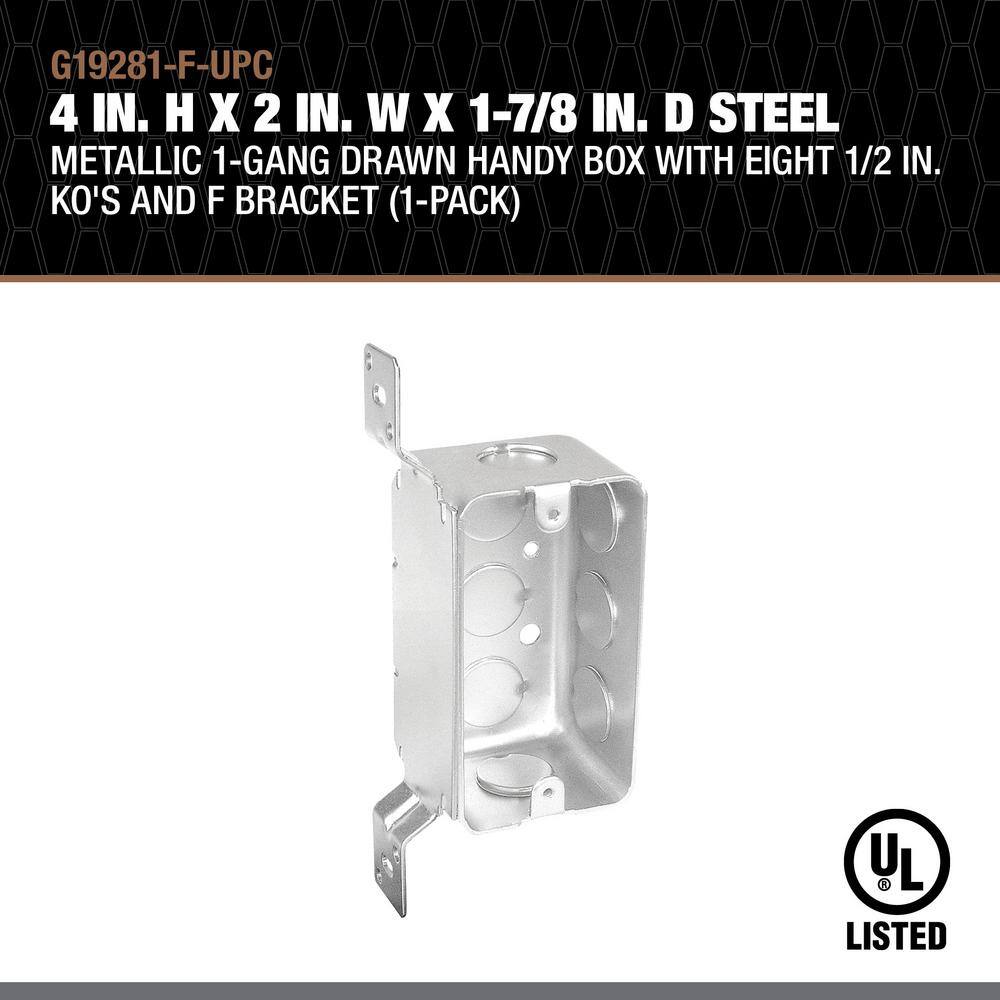 Southwire 4 in. H x 2 in. W x 1-7/8 in. D Steel Metallic 1-Gang Drawn Handy Box with Eight 1/2 in. KO's and F Bracket, 1-Pack