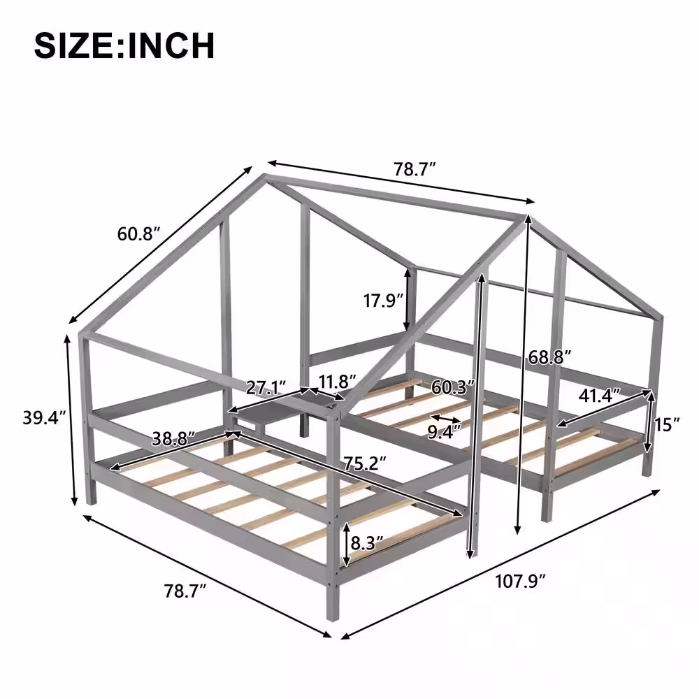 Harper & Bright Designs Gray Twin Size Double Triangular House Beds with Built-in Table