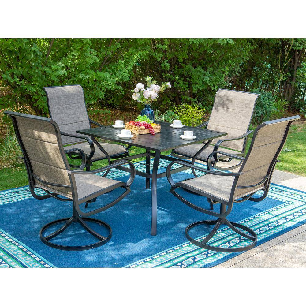 None Black 5-Piece Metal Outdoor Patio Dining Set with Slat Square Table and Padded Textilene Swivel Chairs