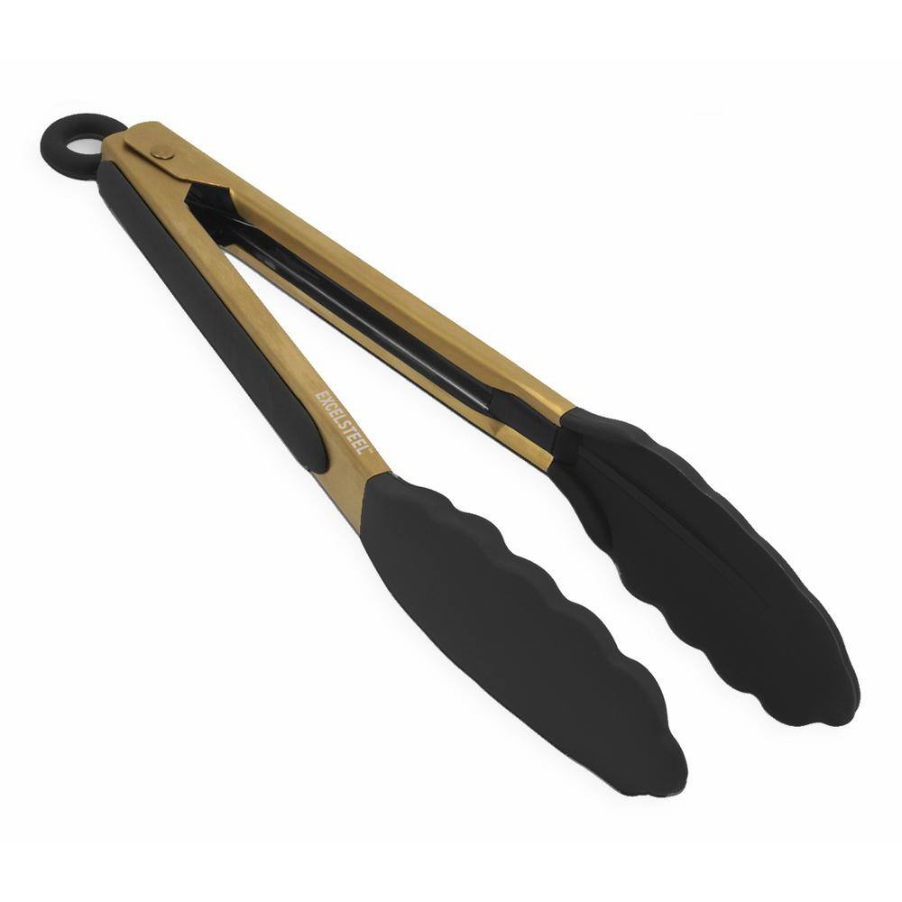 ExcelSteel 9 in. / 12 in. S/S Gold Plated Black Silicone Tong W/Stay Cool Handle