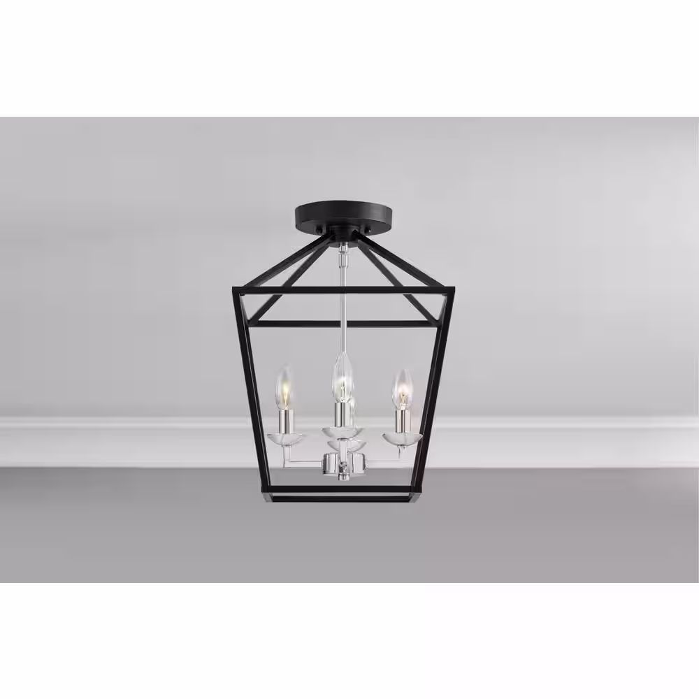 Home Decorators Collection Weyburn 16.5 in. 4-Light Black and Chrome Farmhouse Semi-Flush Mount Ceiling Light Fixture with Caged Metal Shade