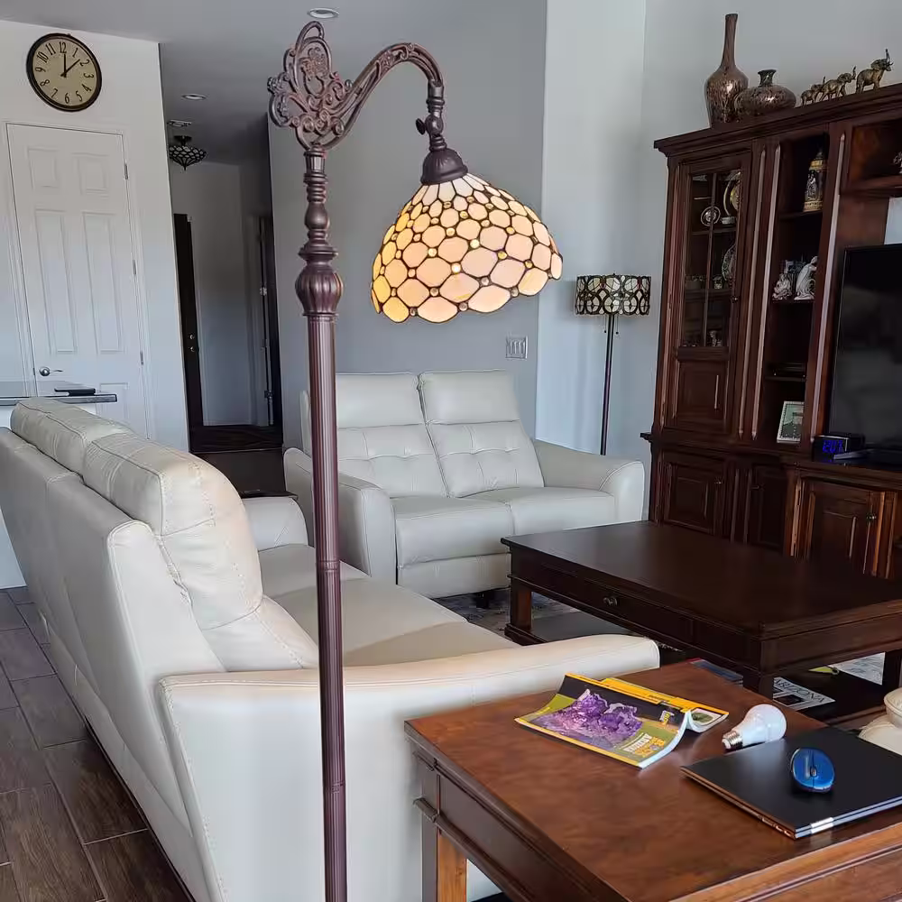 Amora Lighting 62 in. Tiffany Style Jeweled White Cream Reading Floor Standing Vintage Lamp