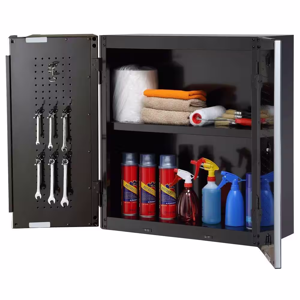 Husky 2-Pack Steel Shelf Set in Black (28 in. W x 9 in. D) for Ready-to-Assemble 28 in. Wall Mounted Garage Cabinet