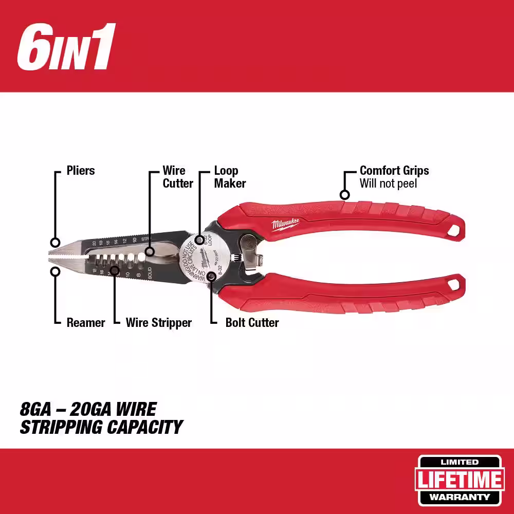Milwaukee 7.75 in. Combination Electricians 6-in-1 Wire Strippers Pliers and 6 in. and 10 in. Straight-Jaw Pliers Set (3-Piece)