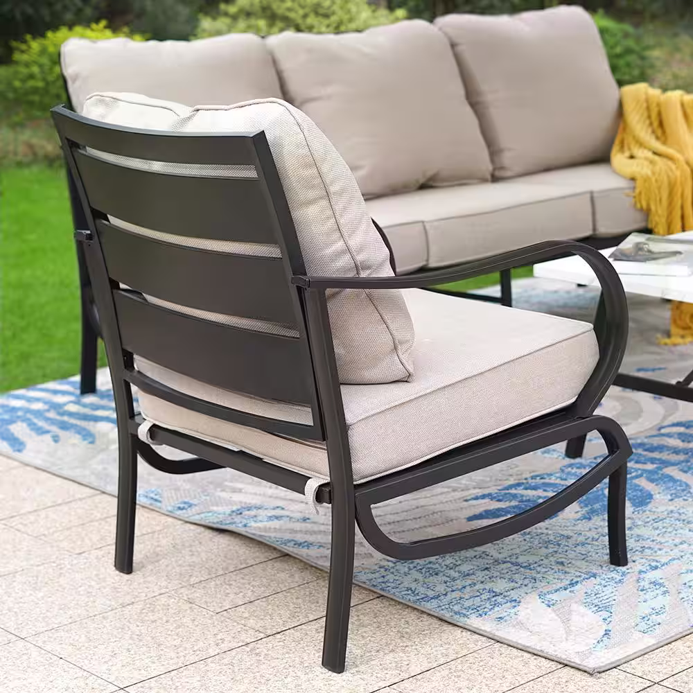 None Black Slatted 9-Seat 7-Piece Metal Outdoor Patio Conversation Set with Beige Cushions,2 Motion Chairs and 2 Ottomans