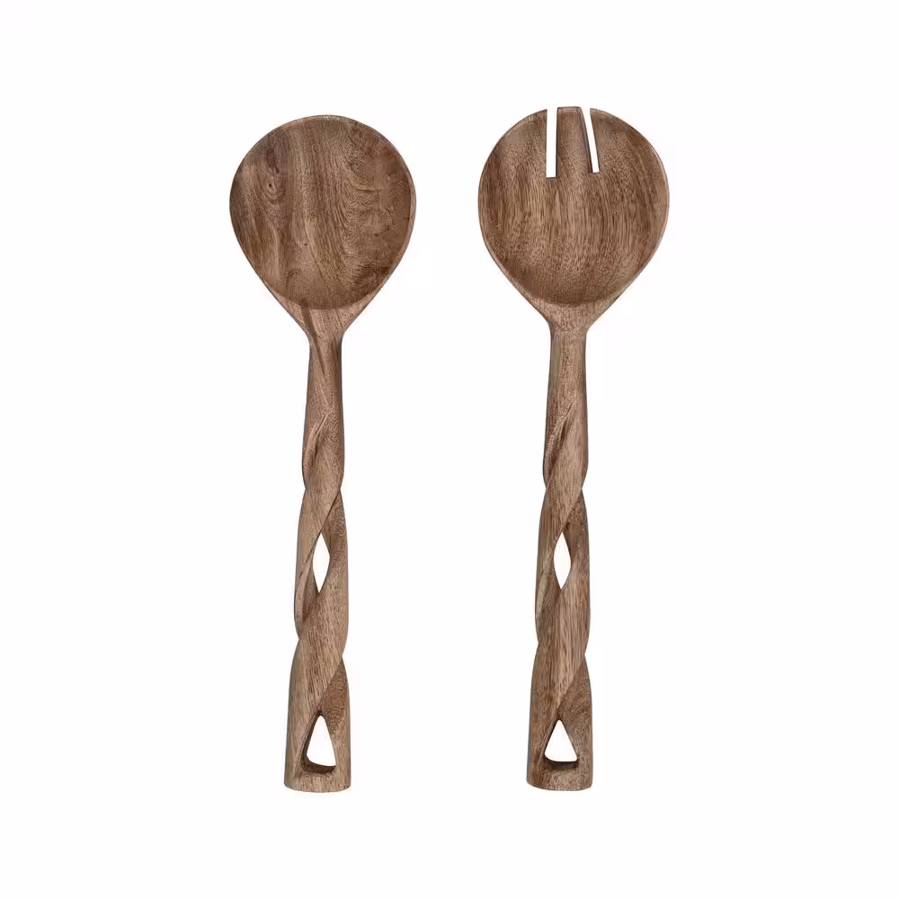 None 2-Piece Wood Salad Servers with Twisted Handles